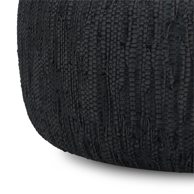 Fredrik 30 inch Wide Boho Pouf in Black Genuine Woven Leather & Assembled