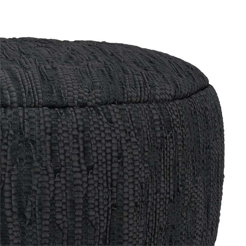 Fredrik 30 inch Wide Boho Pouf in Black Genuine Woven Leather & Assembled
