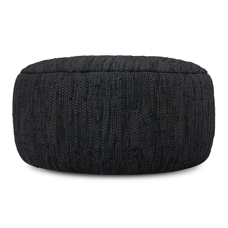 Fredrik 30 inch Wide Boho Pouf in Black Genuine Woven Leather & Assembled