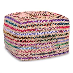 Margo 20&quot Wide Boho Pouf in Multicolor Natural Jute/Cotton Chindi & Assembled