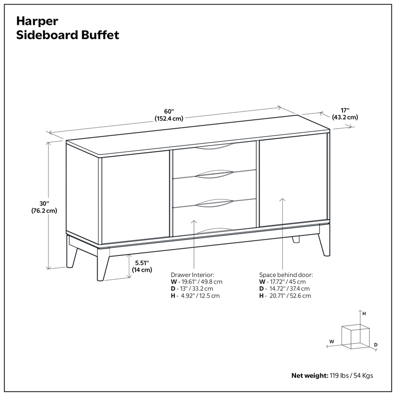 Harper 60 inch Wide Solid Hardwood Mid-Century Sideboard Buffet in Teak Brown