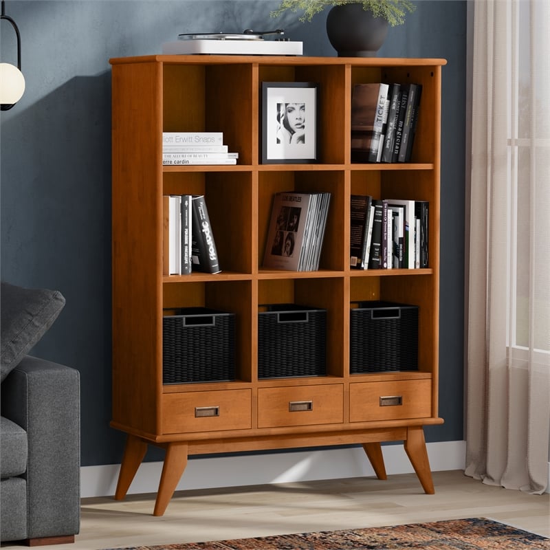 Draper 42 inch Wide Solid Hardwood Mid-Century Storage Bookcase in Teak Brown