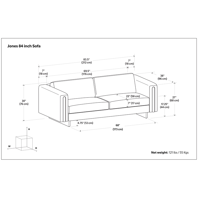 Jones 84 inch Wide Contemporary Sofa in Ivory Tightly Woven Performance Fabric