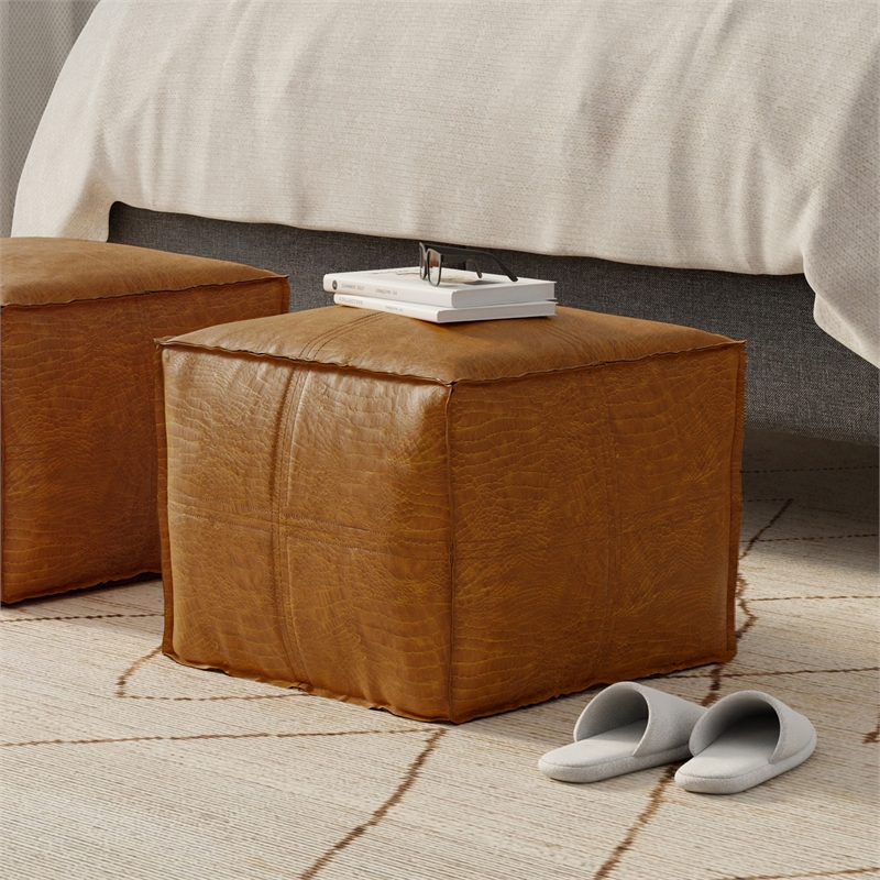 Brody 18 inch Wide Boho Square Pouf in Tan Genuine Leather