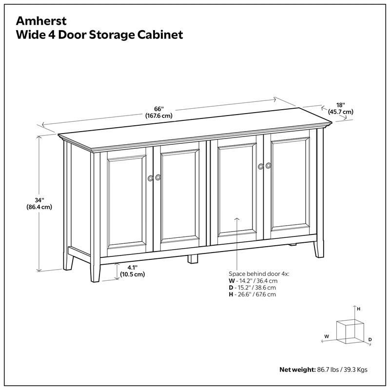 Amherst 66 inch Wide Solid Wood Transitional 4 Door Storage Cabinet in White