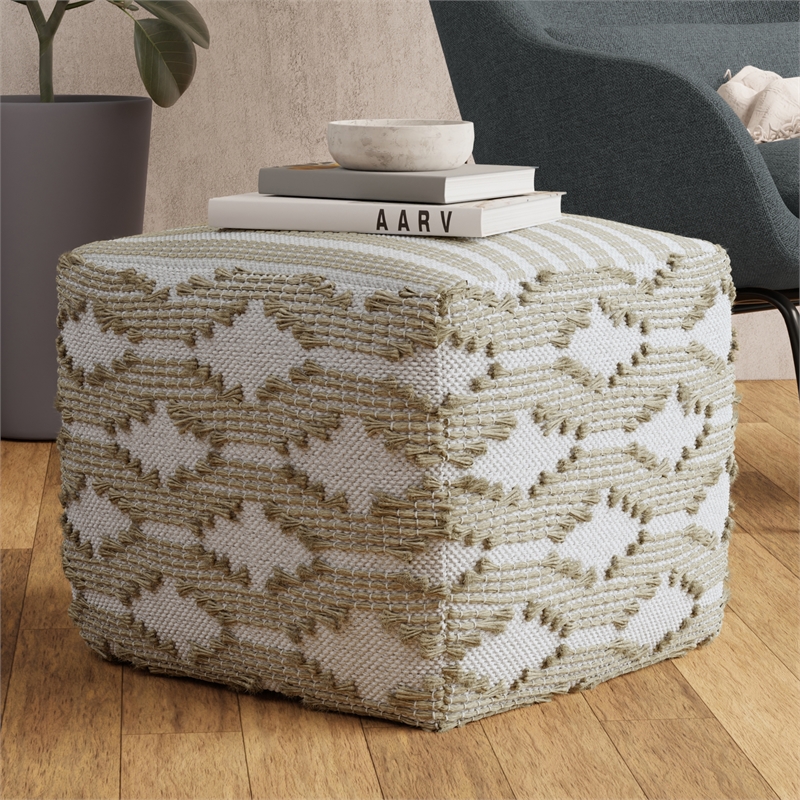 Rowan Hand Woven Cotton/Jute Square Pouf Ottoman in Natural and White