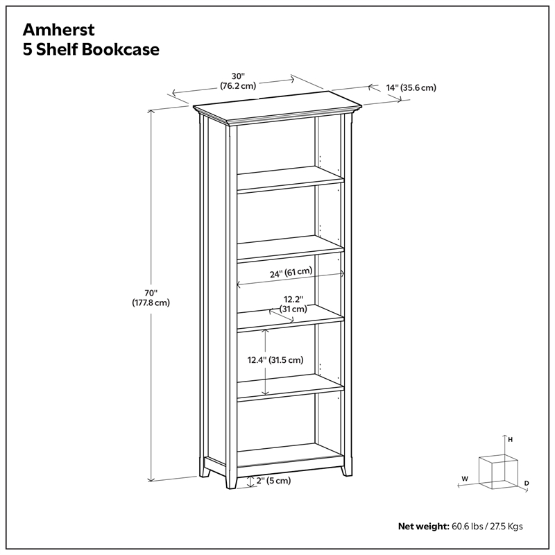 Amherst 30 inch x 70 inch Solid Wood Transitional 5 Shelf Bookcase in Black/Smoky Brown