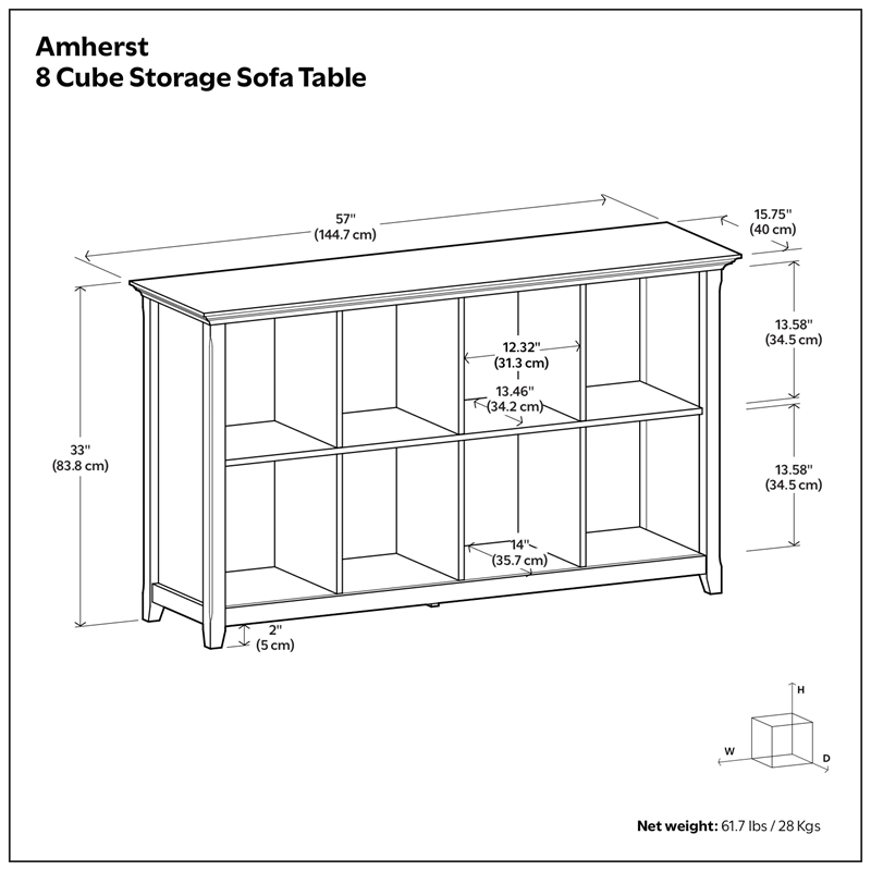 Amherst 57 inch Wide Solid Wood Transitional 8 Cube Storage Sofa Table in White
