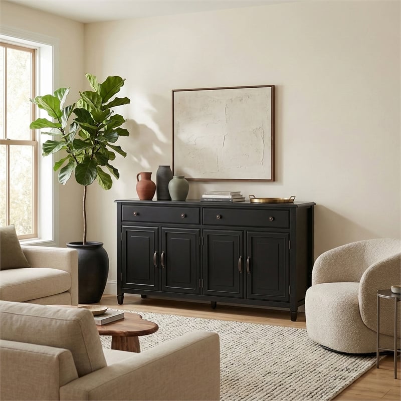 Connaught 67 inch Wide Solid Wood Traditional Large Sideboard Buffet Storage Cabinet in Black
