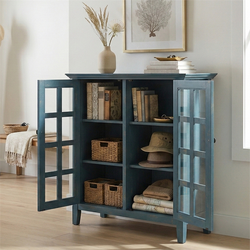 Acadian 39 inch Wide Solid Wood Transitional Medium Storage Cabinet in Distressed Coastal Blue