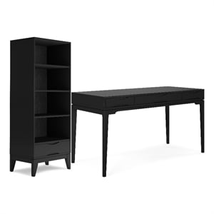 Harper Solid Wood Mid Century Modern 60 inch Wide Desk with 24 inch Wide Bookcase in Black (Set of 2)