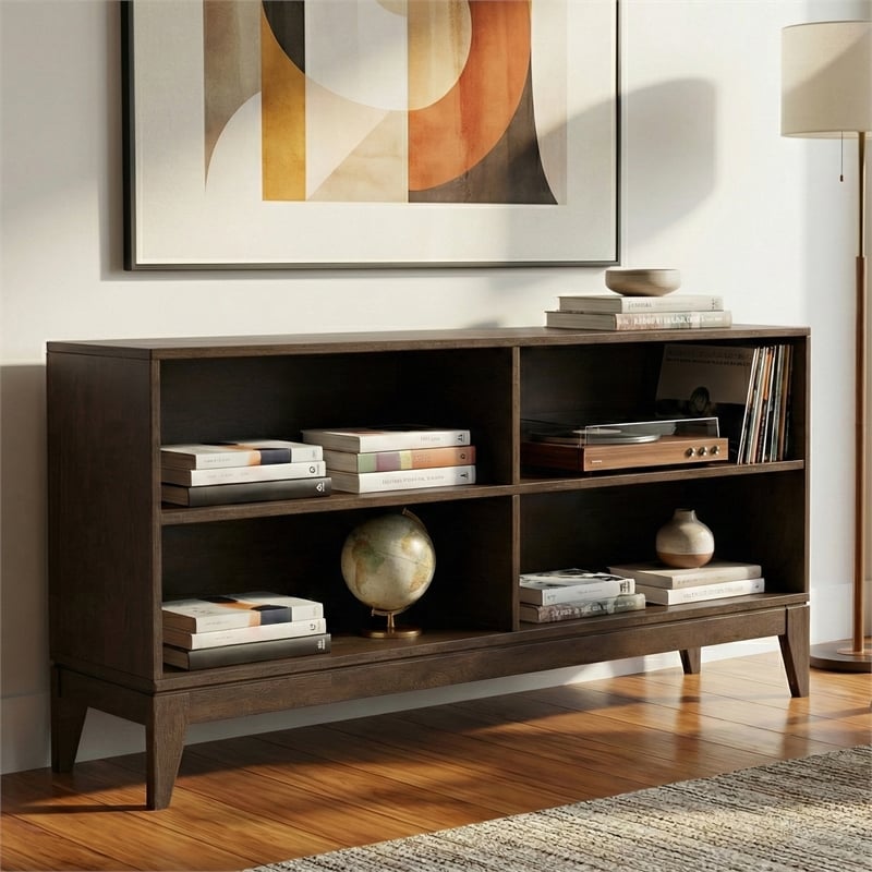 Harper 30 inch x 64 inch Solid Wood Mid Century 4-Shelf Low Bookcase in Walnut Brown