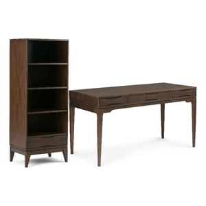 Harper Solid Wood Mid Century Modern 60 inch Wide Desk with 24 inch Wide Bookcase in Walnut Brown (Set of 2)