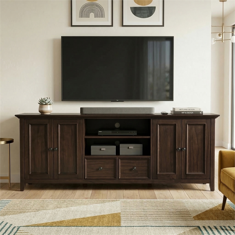 Amherst 84 inch Wide Solid Wood Transitional TV Stand in Brunette Brown/Bronze For TVs up to 90 inches