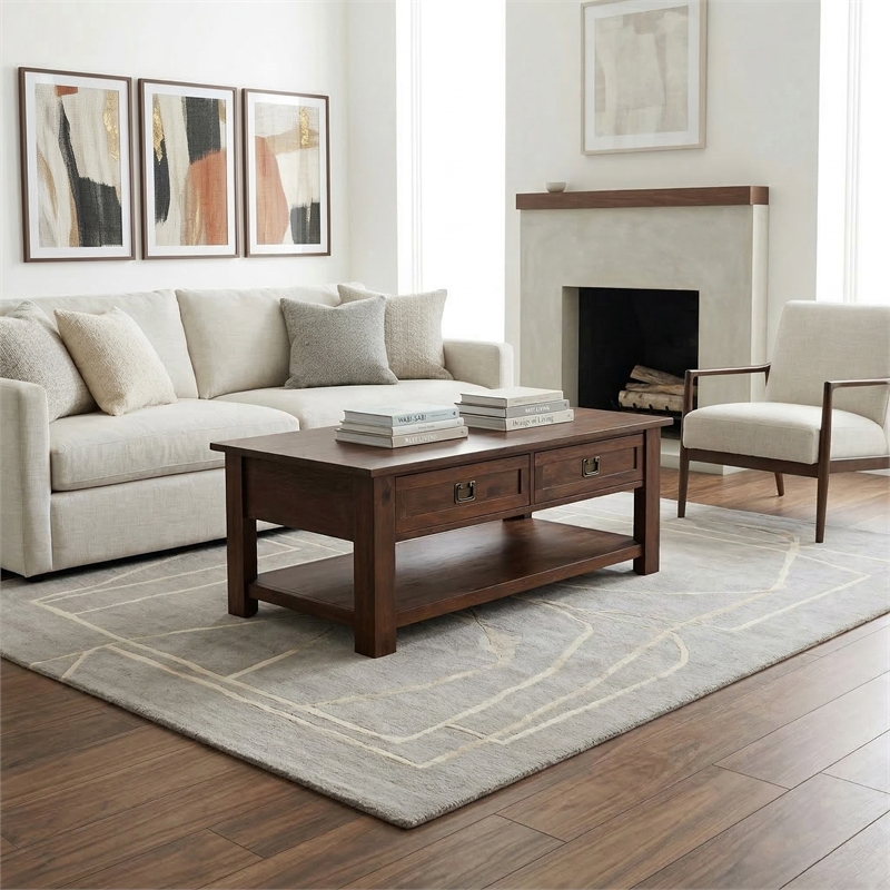 Monroe 48 inch Wide Solid Acacia Wood Rustic Rectangular Coffee Table with Drawers in Distressed Charcoal Brown