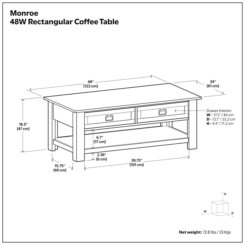 Monroe 48 inch Wide Solid Acacia Wood Rustic Rectangular Coffee Table with Drawers in Distressed Charcoal Brown