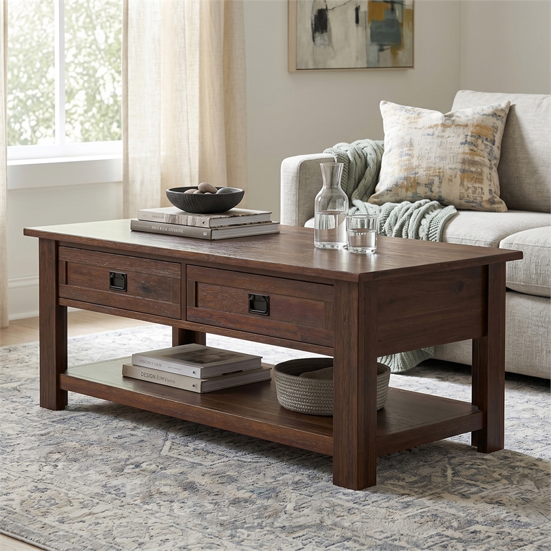 Monroe 48 inch Wide Solid Acacia Wood Rustic Rectangular Coffee Table with Drawers in Distressed Charcoal Brown