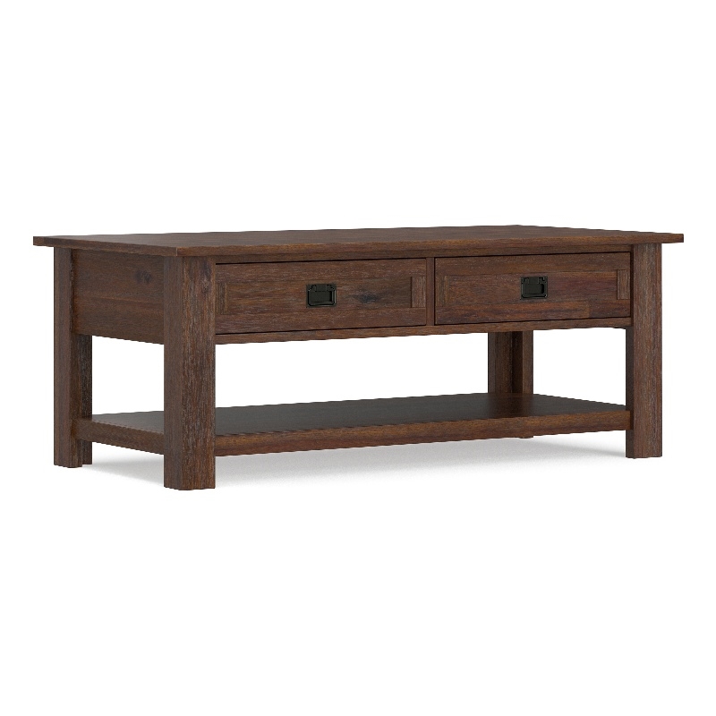 Monroe 48 inch Wide Solid Acacia Wood Rustic Rectangular Coffee Table with Drawers in Distressed Charcoal Brown
