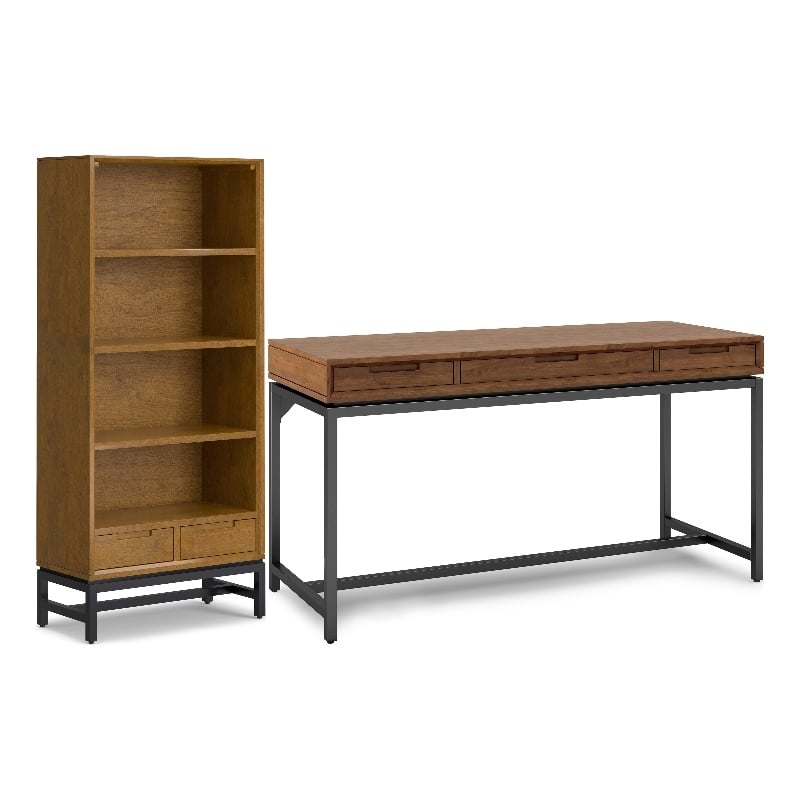 Banting Solid Wood Industrial 60 inch Wide Desk with 30 inch Wide Bookcase in Medium Saddle Brown (Set of 2)