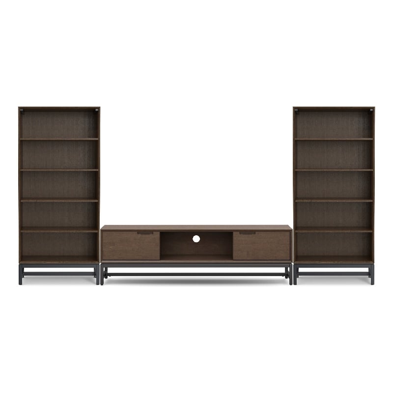Banting Solid Hardwood Industrial 72 inch Wide Low TV Stand with Two 30 inch Wide Bookcases in Walnut Brown (Set of 3)