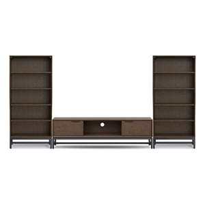 Banting Solid Hardwood Industrial 72 inch Wide Low TV Stand with Two 30 inch Wide Bookcases in Walnut Brown (Set of 3)