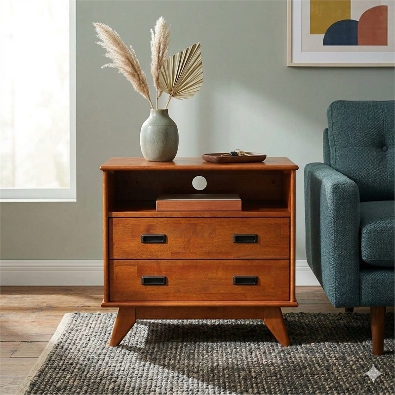 Draper 28 inch Wide Solid Wood Mid Century Bedside Table in Teak Brown