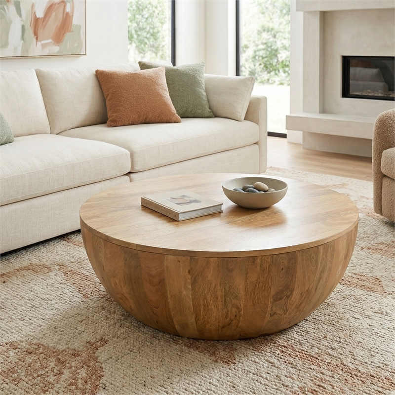 Elmbrook 40 in Boho Round Tapered Drum Coffee Table in Natural