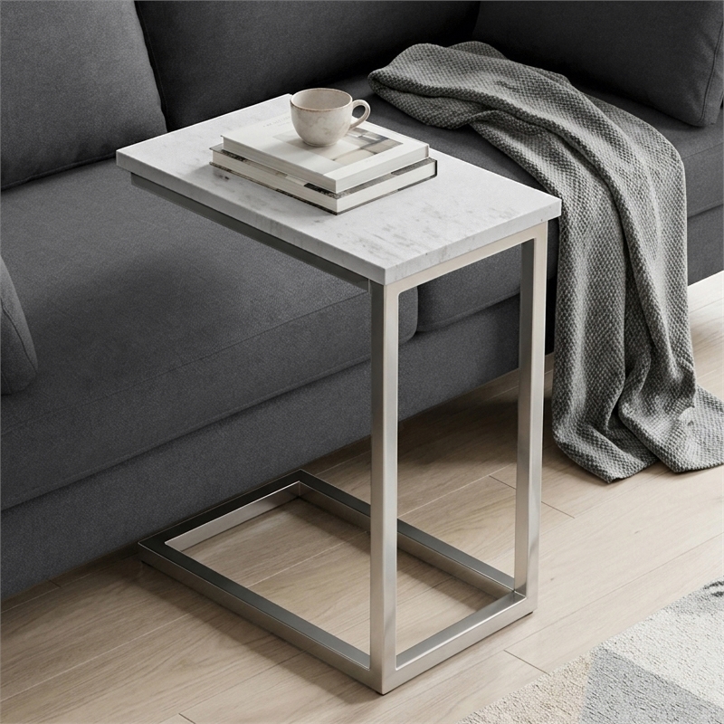 Skyler 10 in Metal and Genuine Marble C Shape Side Table in White Marble
