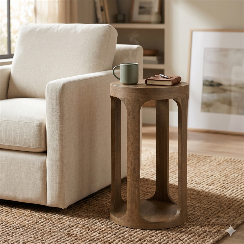 Heather 12 in Mango Wood Modern Round Open Accent Table in Grey Wash