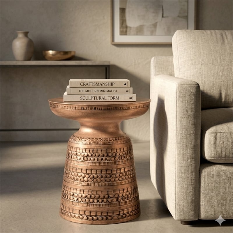 Toby 17 in Metal Round Tribal Bell Accent Table in Antique Copper