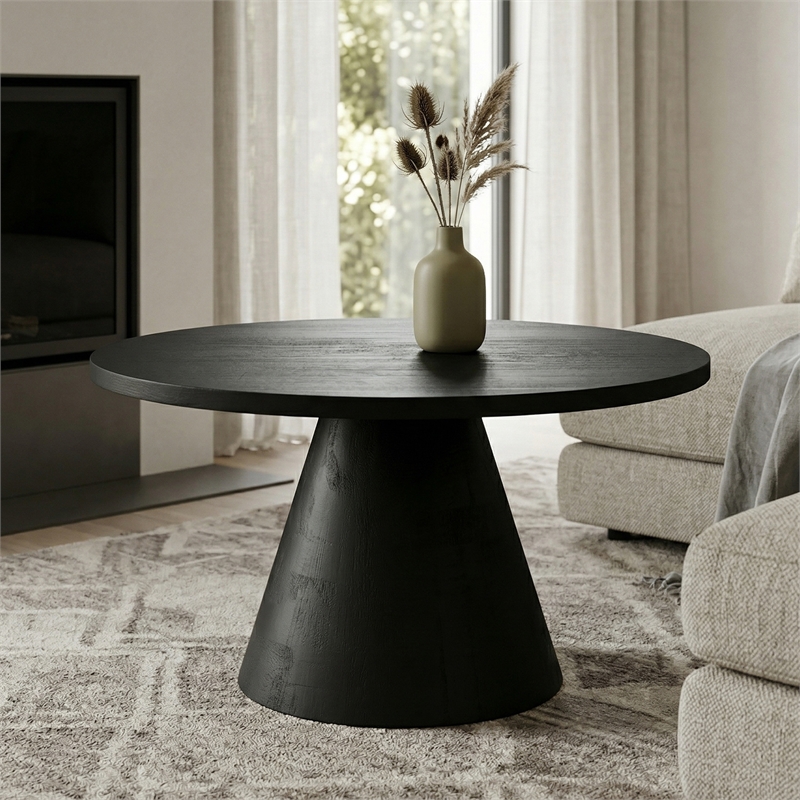 Winnie 30 in Acacia Wood Modern Round Pedestal Coffee Table in Black