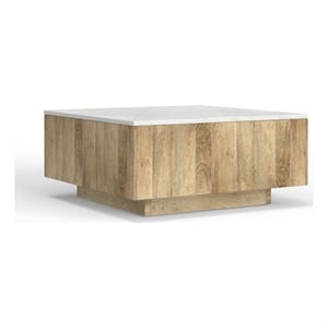 Lockhart 30 in Mango Wood Square Block Coffee Table in White Marble