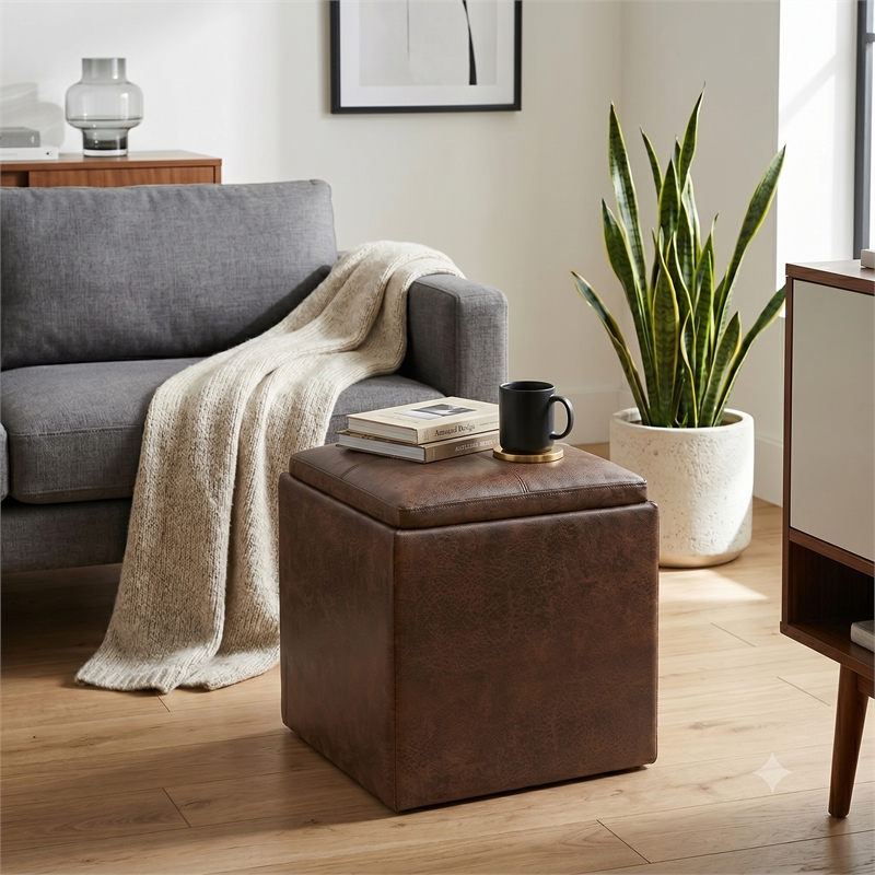 Rockwood 24 in Square Ottoman with Tray Top Distressed Brown Vegan Leather