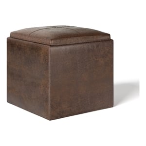 Rockwood 24 in Square Ottoman with Tray Top Distressed Brown Vegan Leather