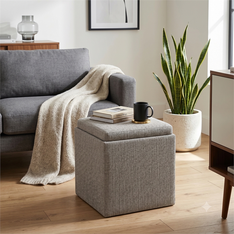 Rockwood 17 inch Cube Storage Ottoman with Tray Top in Platinum