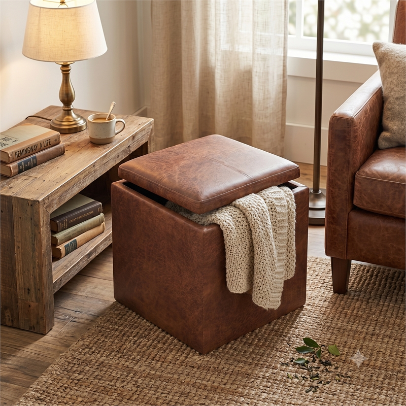 Rockwood 24 in Square Storage Ottoman with Tray Top in Distressed Brown