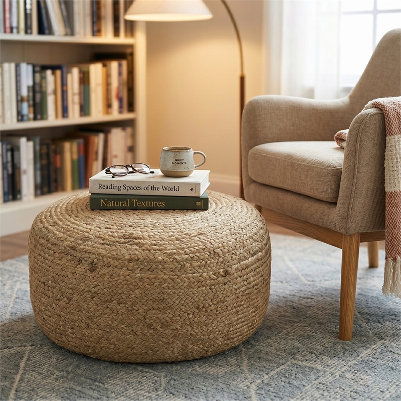 Margo 30 inch Wide Boho Round Braided Pouf in Natural Jute