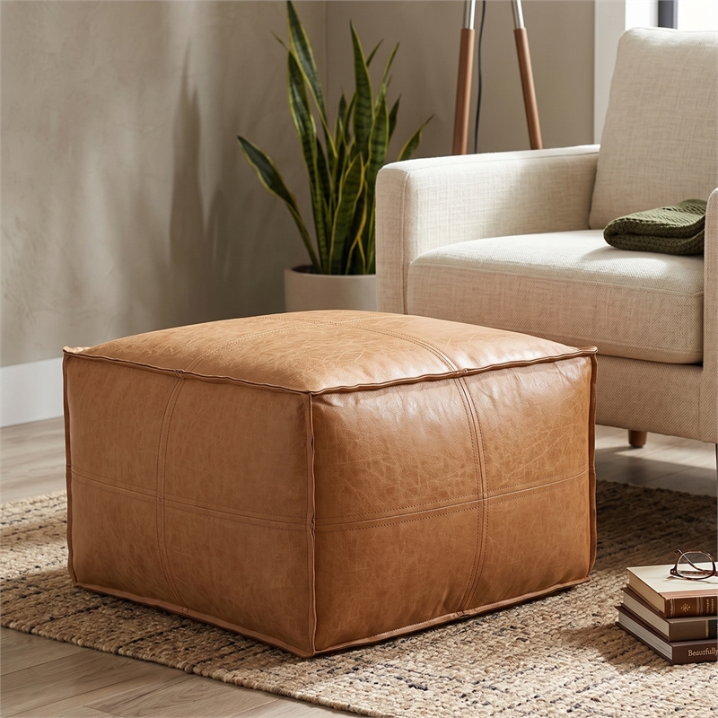 Brody 24 inch Wide Boho Square Pouf in Distressed Camel Brown Vegan Leather