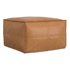 Brody 24 inch Wide Boho Square Pouf in Distressed Camel Brown Vegan Leather