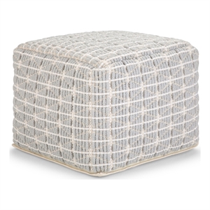 Noreen 18 inch Wide Boho Round Diamond-Pane Pouf in Blue/White Cotton