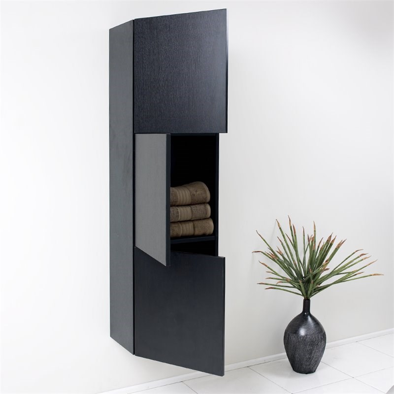 Fresca Black Bathroom Linen Side Cabinet with 3 Large Storage Areas