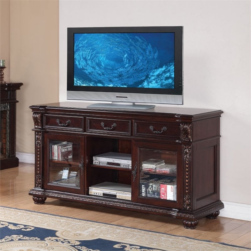 ACME Anondale 3Drawer Wooden TV Stand with Glass Doors in Cherry