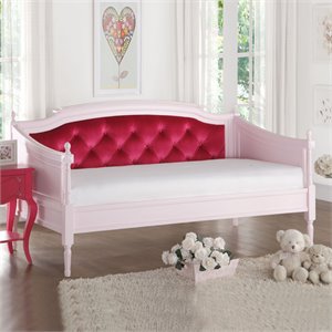 acme wynell velvet upholstered daybed with wood frame in pink and red