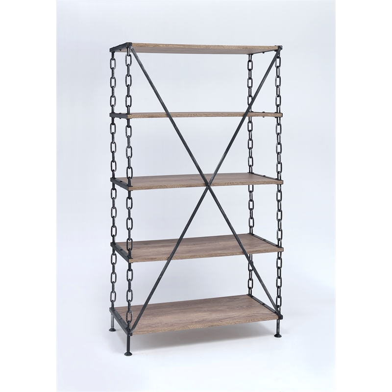 ACME Jodie Rectangular 4-Shelf Metal Bookcase in Rustic Oak and Antique Black