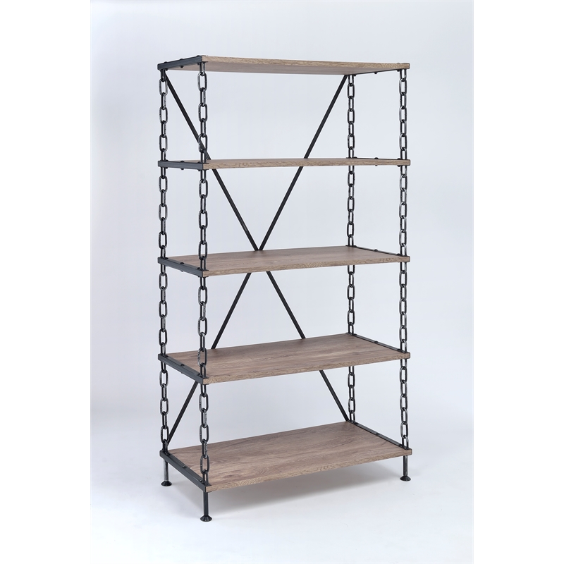 ACME Jodie Rectangular 4-Shelf Metal Bookcase in Rustic Oak and Antique Black