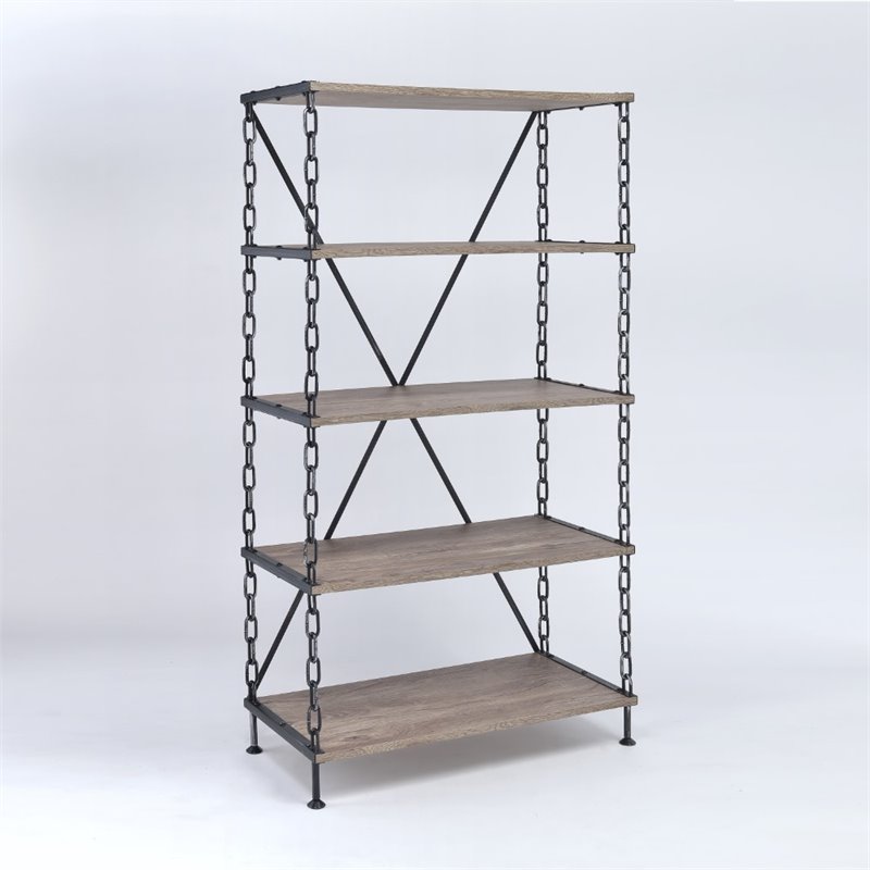 ACME Jodie Rectangular 4-Shelf Metal Bookcase in Rustic Oak and Antique Black