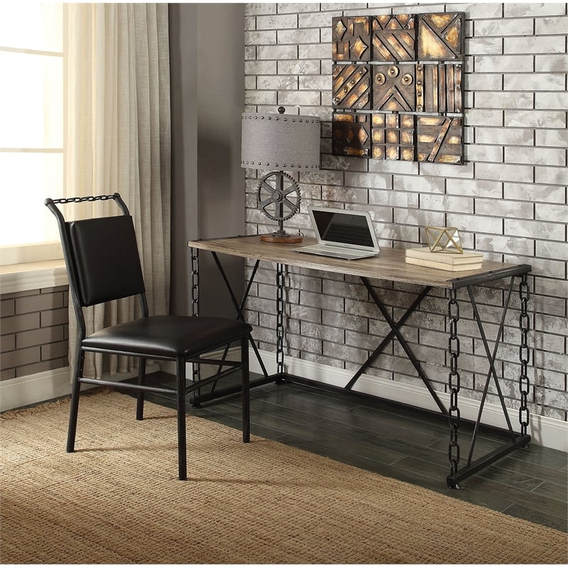 ACME Jodie Rectangular Wooden Top Writing Desk in Rustic Oak and Antique Black