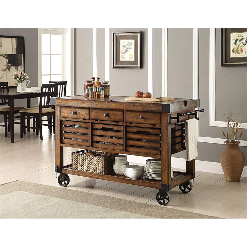 ACME Kaif 3-Drawer Wooden Kitchen Cart with 3 Baskets in Distress Chestnut