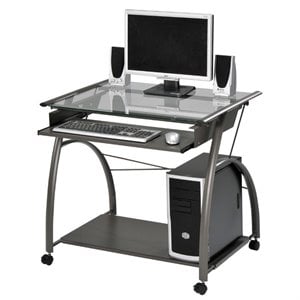 acme vincent glass top computer cart in pewter