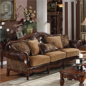 acme dreena rolled arm upholstered sofa with 5 pillows in brown faux leather